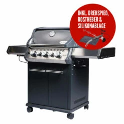 Grill Verkaufs-Shop 13 SANTOS S-318 Mit Seiten- & Heckbrenner, Schwarz Inkl. Drehspieß, Rostheber & Silikonablage