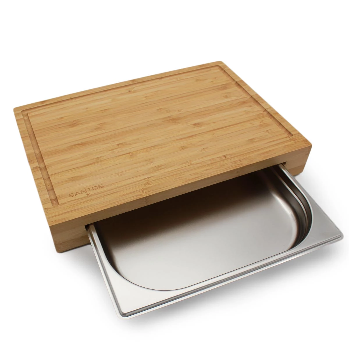 SANTOS Schneidebrett Bambus Mit Edelstahl-Auffangschale 1 SANTOS Schneidebrett Bambus Mit Edelstahl-Auffangschale