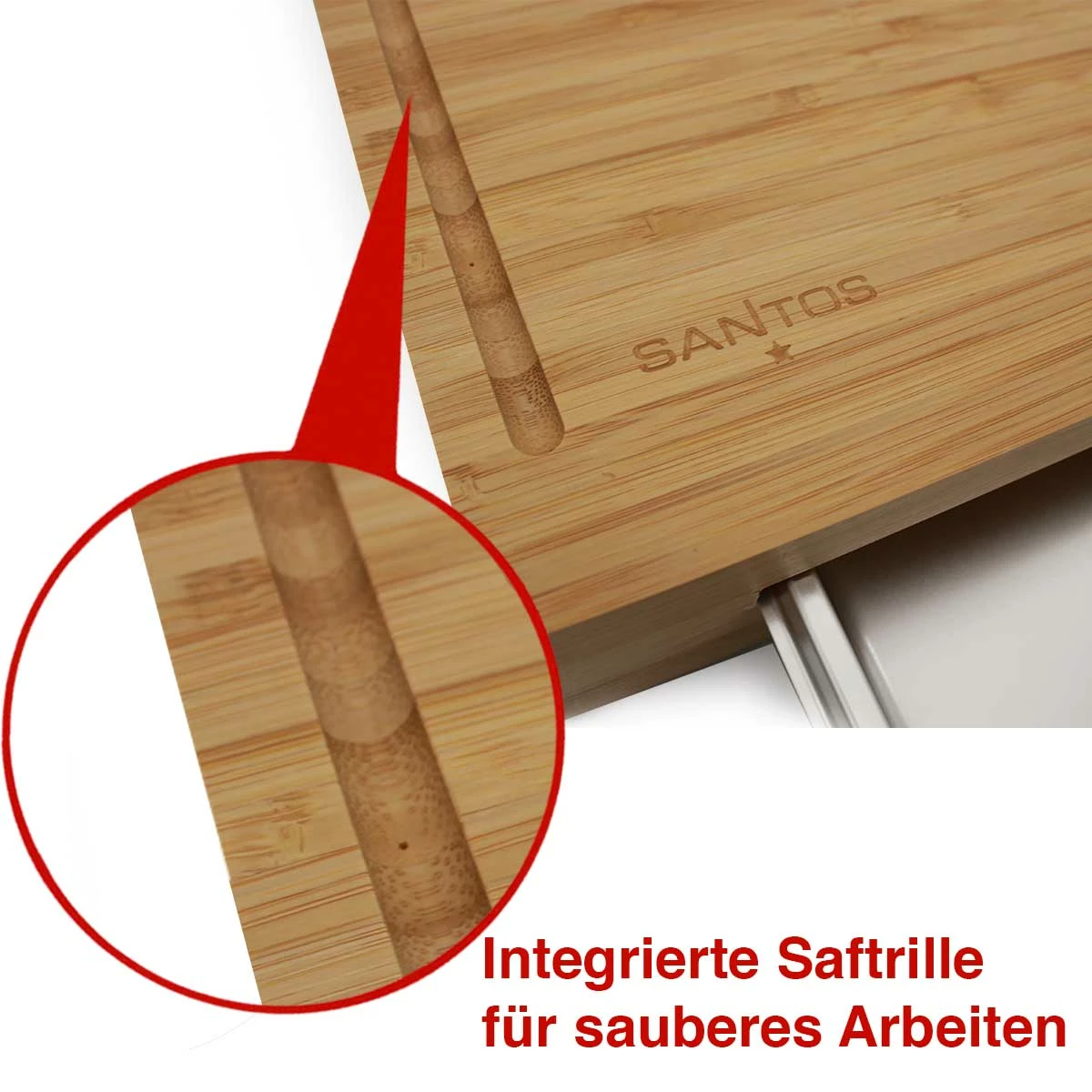 SANTOS Schneidebrett Bambus Mit Edelstahl-Auffangschale 2 SANTOS Schneidebrett Bambus Mit Edelstahl-Auffangschale – Bild 2
